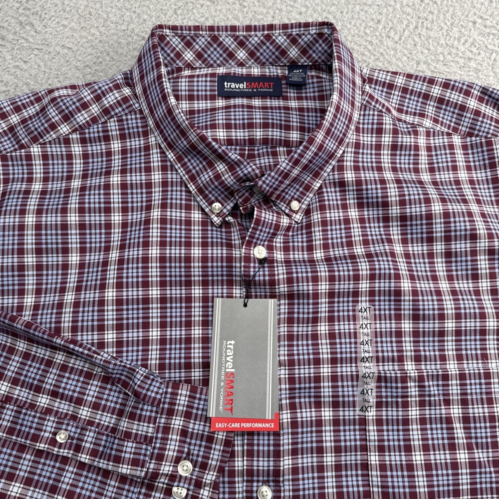 TravelSmart Dress Casual Shirt Mens XXXXL Tall 4XLT L/S Plaid Roundtree & Yorke